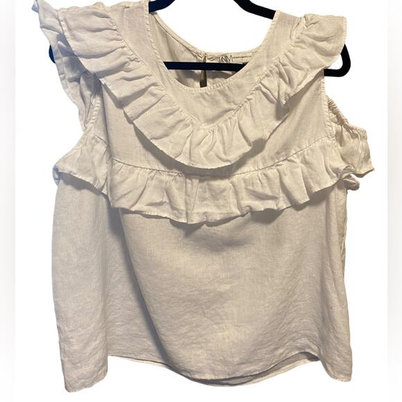 Neiman Marcus 100% Linen Blouse Women’s Size XL White Ruffled Cold Shoulder - Picture 5 of 11
